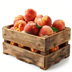 Fresh peach in wooden crate isolated on white background copy space
