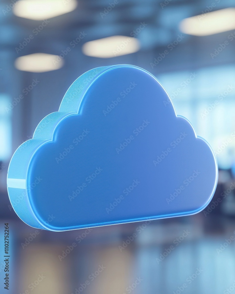 Poster a stylized blue cloud icon representing cloud computing, set in a modern office environment with a b