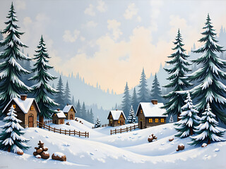 Naklejka premium A tranquil winter landscape with cozy cabins and snow covered pines at dusk, digital art of scenic landscape concept.