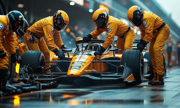 Race team performing a pit stop on a wet track.