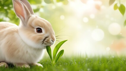 A cute white rabbit sitting on green grass in a meadow