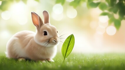 Obraz premium Fluffy white rabbit with easter eggs on green grass