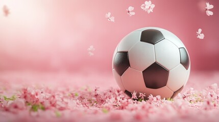 Naklejka premium Minimalist soccer ball design with hearts and flowers on a pastel pink background, combining beauty, simplicity, and elegance in a modern and clean aesthetic, perfect for contemporary concepts.