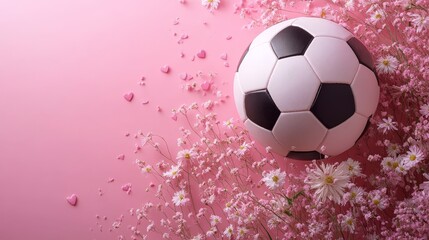 Naklejka premium Minimalist soccer ball design with hearts and flowers on a pastel pink background, combining beauty, simplicity, and elegance in a modern and clean aesthetic, perfect for contemporary concepts.
