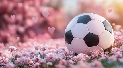 Fototapeta premium Minimalist soccer ball design with hearts and flowers on a pastel pink background, combining beauty, simplicity, and elegance in a modern and clean aesthetic, perfect for contemporary concepts.