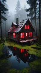 Fototapeta premium Swampy Cabin with Rotting Wood and Dark Water Pooling at its Base in Diagonal Top View