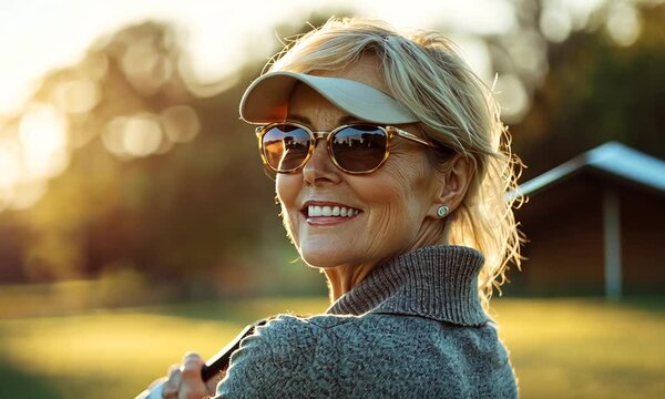 Smiling woman enjoying a sunny day on the golf course.