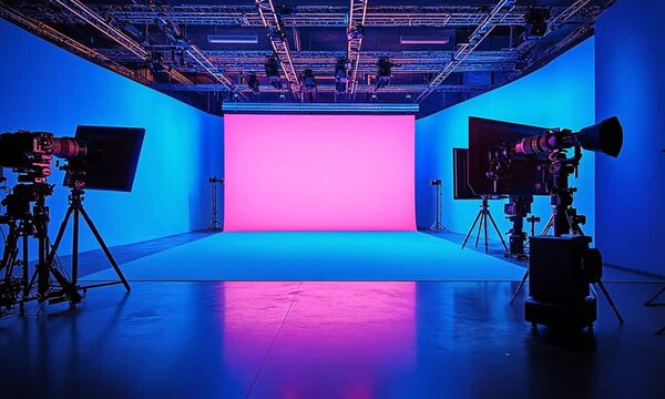 Modern studio with vibrant backdrop for photography.