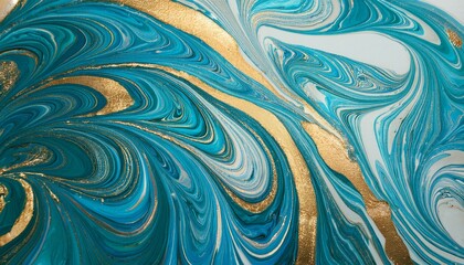 Abstract Fluid Art: Teal, White, and Gold Swirls