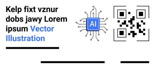 AI chip connected with lines, QR code, placeholder text. Ideal for tech presentations, software showcases, AI discussions, modern design, digital marketing, coding tutorials, educational material