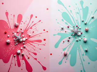 Vibrant splashes of pink and cyan with holiday ornaments and glitter on a soft background, digital art of abstract concept.