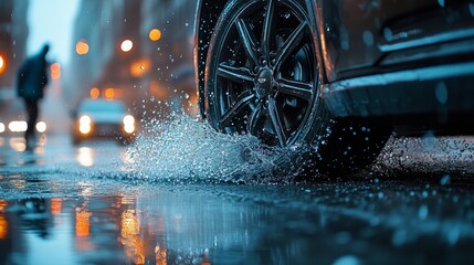 Realistic photo of a car tire splashing water on a wet road, focusing on the front left tire, as a person crosses the street, capturing motion, dynamic action, and road safety in an urban setting.