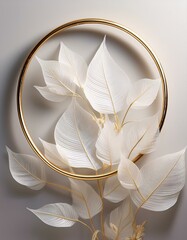 Elegant white pressed flowers arranged in a gold circle.
