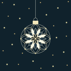 Minimalistyczny wzór bożonarodzeniowej kartki ze złotą świąteczną bombką z geometryczną dekoracją i małymi gwiazdkami w nowoczesnym i eleganckim stylu. © Monika