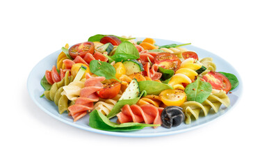 Plate with Italian pasta salad on white background