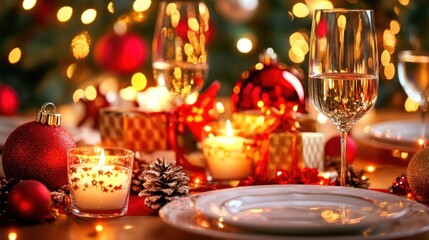 Obraz premium Festive Christmas table setting with candles, wine glasses, ornaments, and gifts.