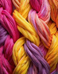 Intricate woven threads in vibrant hues of pink, purple, and yellow.