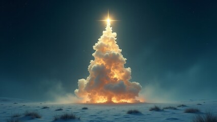 A surreal Christmas tree shaped like a glowing mushroom cloud in a snowy field under a starry night sky, blending festive warmth with awe-inspiring imagery