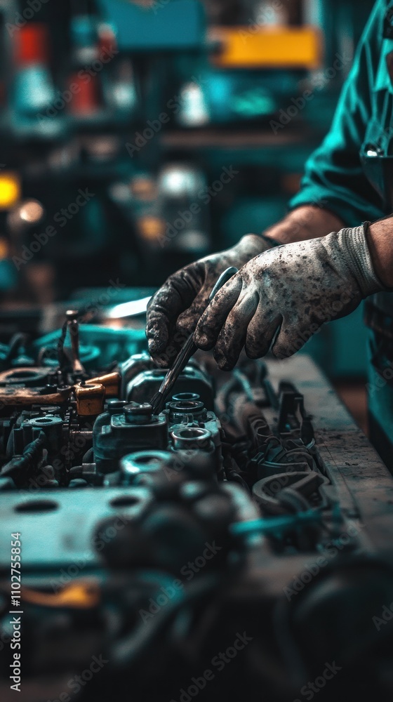 Poster a mechanic works on an engine, using tools to repair and maintain machinery in a workshop.