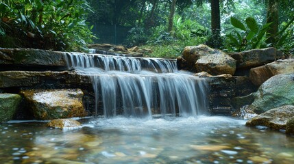 Small waterfall flowing gently over rocks in a peaceful and quiet forest