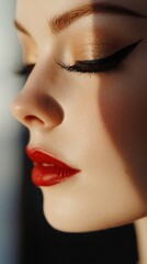 A close-up of a woman's face showcasing elegant makeup and a striking lip color.