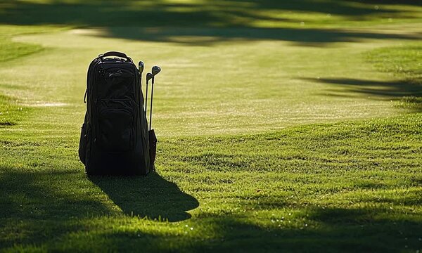 Golf bag with clubs on a green lawn.