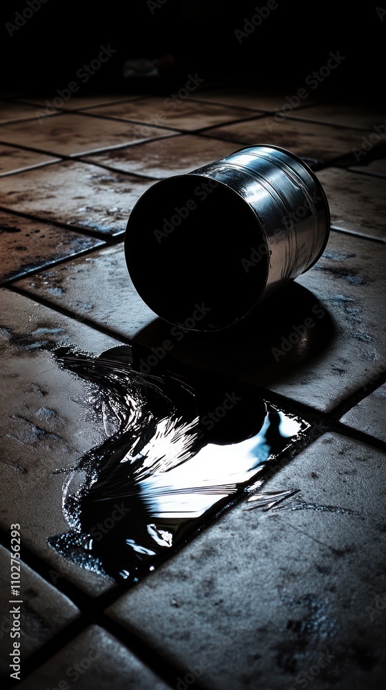 Poster a spilled container reflecting light on a tiled floor, creating a moody atmosphere.