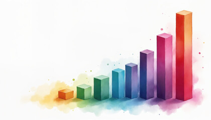 Fototapeta premium Colorful watercolor bar graph showing growth in soft pastel shades with a copy space