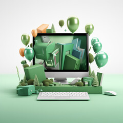 A green gift box open with an iMac, MacBook, iPad and iPhone floating around