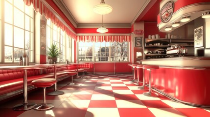 Retro diner interior with red booths, checkered floor, and large windows.