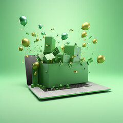 A green gift box open with an iMac, MacBook, iPad and iPhone floating around