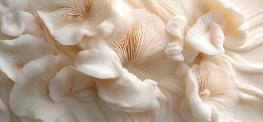 Close-up of oyster mushrooms, delicate creamy texture, soft light.