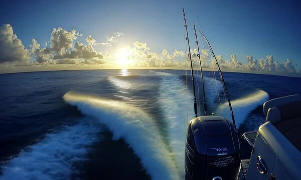 Fishing boat at sunset on the ocean waves.