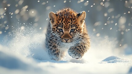 Obraz premium Realistic close-up shots showcase a mischievous cheetah interacting with the snow, highlighting its innocence and vitality. The background is a snow covered mountain range, taken under bright sunlight