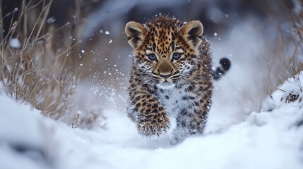 Obraz premium Realistic close-up shots showcase a mischievous cheetah interacting with the snow, highlighting its innocence and vitality. The background is a snow covered mountain range, taken under bright sunlight