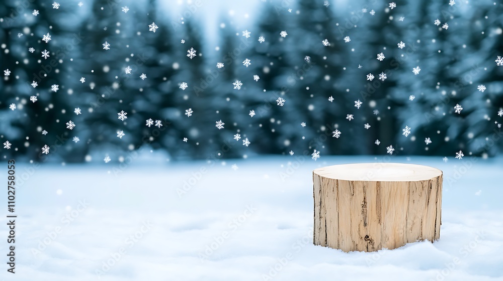 Poster serene winter scene with snowflakes falling on a wooden log surrounded by pine branches and soft sno