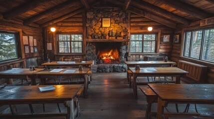 Cozy log cabin interior with tables, a fireplace, and large windows.