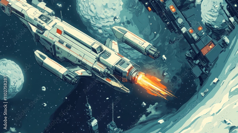 Poster a futuristic spacecraft navigating through a cosmic landscape with asteroids and celestial bodies.