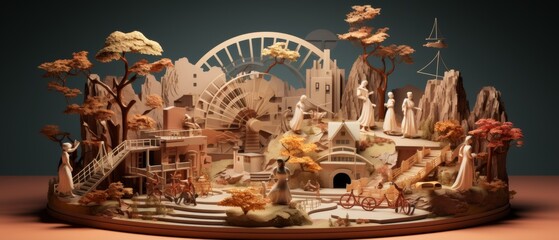 Obraz premium Intricate Paper Sculpture Depicting Nature and Urban Life in Harmony