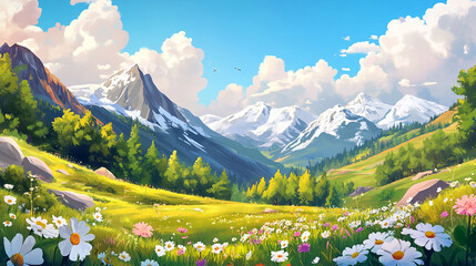 Fototapeta premium Stunning landscape features vibrant flowers and majestic mountains under a bright blue sky