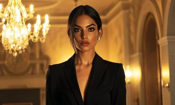 A poised woman in formal attire against a warm backdrop.