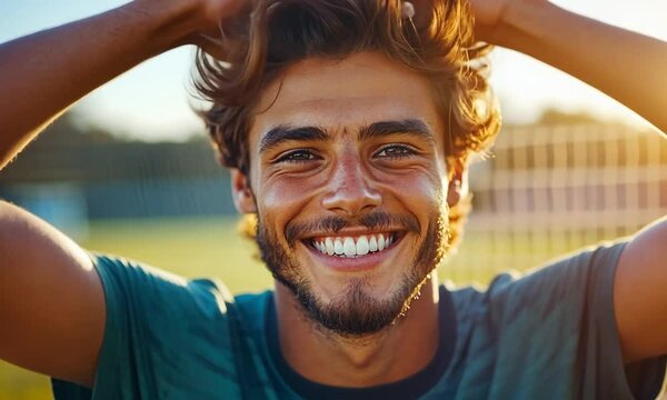 Smiling young man outdoors, showcasing joy and vitality.