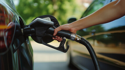 Hand filling gas in car, showing thumbs up. represents satisfaction and convenience.