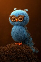 Fototapeta premium Vibrant blue peacock stands proudly on a mossy perch, adorned with stylish glasses that enhance its whimsical charm during the golden hour of dawn