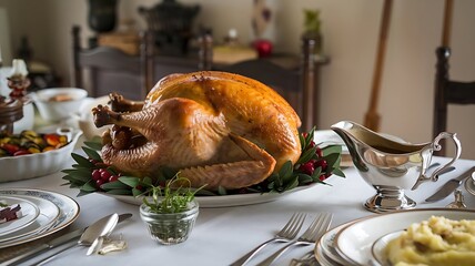 Golden roasted turkey with crispy skin, served on platter with fresh herbs, cranberries, and gravy boat on festive table