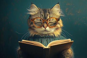 Cat in stylish glasses deeply focused on reading a book in a cozy atmosphere, embodying intellect and curiosity during a quiet afternoon
