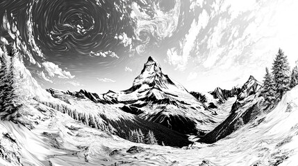 Majestic mountain landscape under swirling clouds and bright sky in black and white