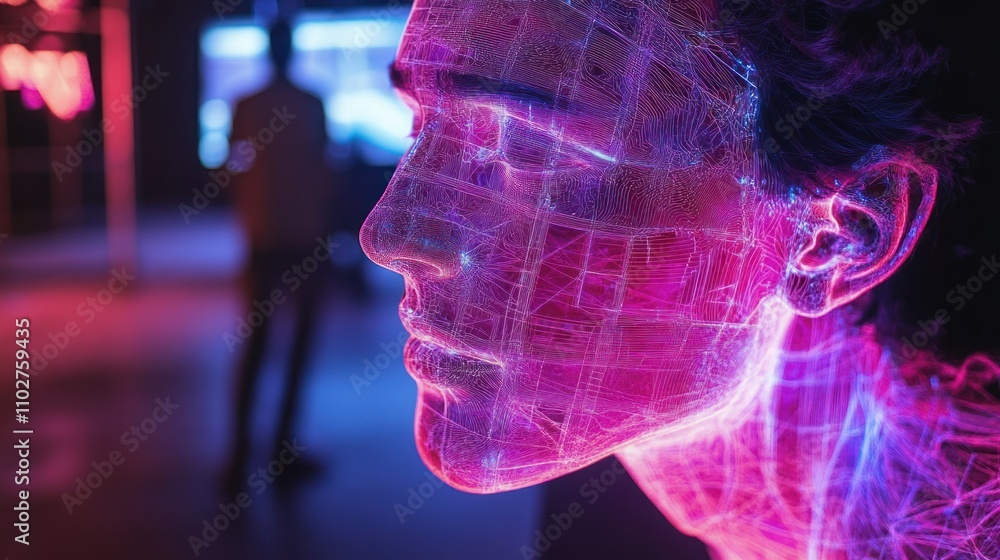 Poster a digital sculpture of a human face illuminated with vibrant colors and intricate patterns.