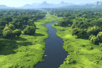 A river runs through a lush green forest