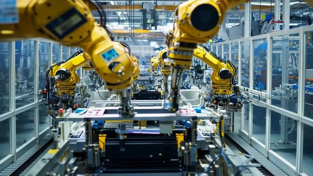 A factory with two robots working on a car